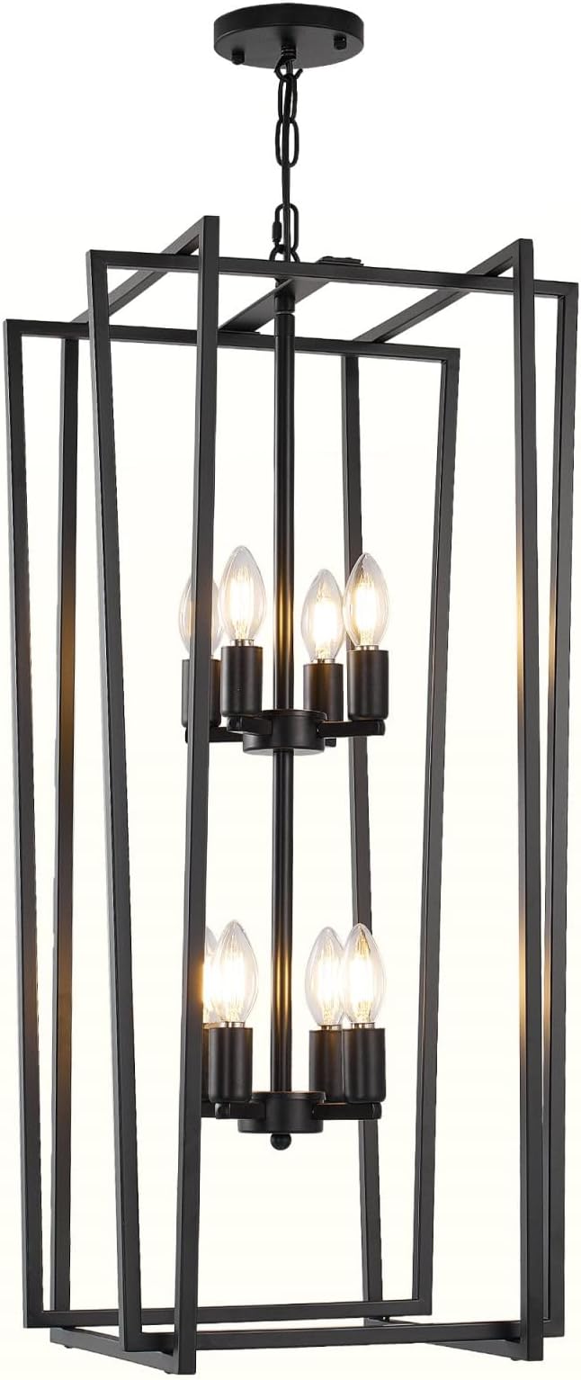 8-Light Tiered Lantern Pendant Light Fixtures,Large Foyer Chandeliers for High Ceilings,Industrial Foyer Lighting Fixtures,Long Chandeliers for High Ceilings,Farmhouse Chandelier for Entryway, Black