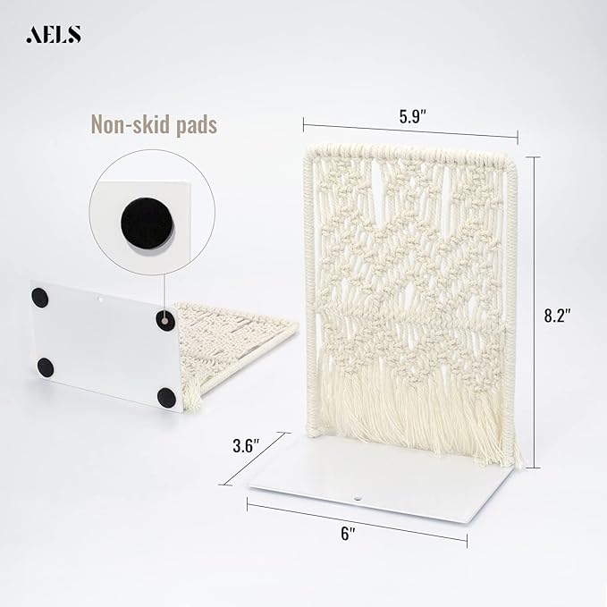 AELS Boho Macrame Bookends, Heavy Duty Metal Book Ends, Decorative Unique Bookend Supports for Shelves, Stopper for Books/Movies/CD, Farmhouse Decoration,Thanksgiving for Friends