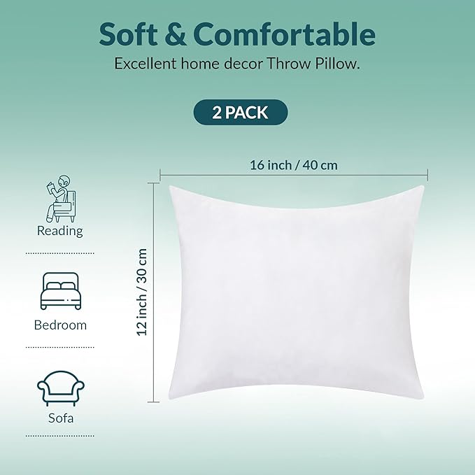 ROYALE LINENS 12 x 16 Pillow Insert - Down Alternative Throw Pillows Insert - Rectangle Pillow Pack of 2 White - Bed & Couch Pillows - Inner Cushion for Bed, Cushion for Living Room - Shams Stuffer