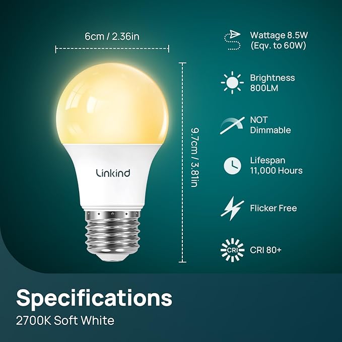Linkind A19 LED Light Bulbs, 60W Equivalent, 8.5W Energy Efficient, 2700K Soft White Light Bulbs, 800 Lumens Non-Dimmable Bulbs, E26 Standard Base for Bedroom Home Office, 24 Packs