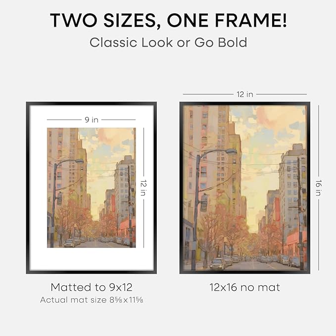 Homeforia 12x16 Picture Frame Black, High End Metal 12x16 Poster Frames with Mat 9x12 for Photo, 12 x 16 Black Frame Matted to 9 by 12 inch Print, 16x12 Thin Frames, Tempered Glass, Wall Kit, Set of 3