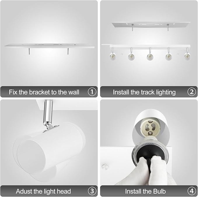 Plug in Track Lighting, LED Track Light Kit, White 5-Light Large Track Lights for Kitchen, 15 FT Cord,5 Way Ceiling Spotlight, Rotatable Wall Mount Light Head for Bedroom Hallway Living Room