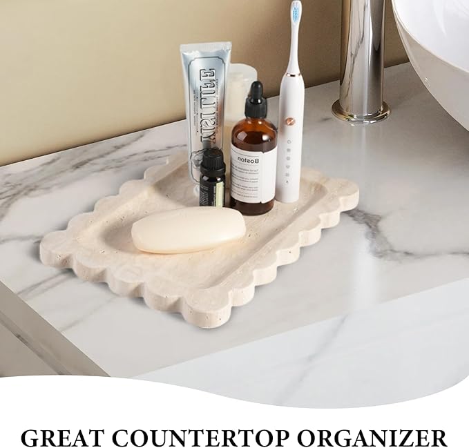 Koville Romano Travertine Tray, 11"x8" Natural Marble Scalloped Tray for Jewelry Cosmetics Perfume Trinket, Stone Vanity Tray for Countertop Bathroom Kitchen Dresser, Travertine Decor(Beige)