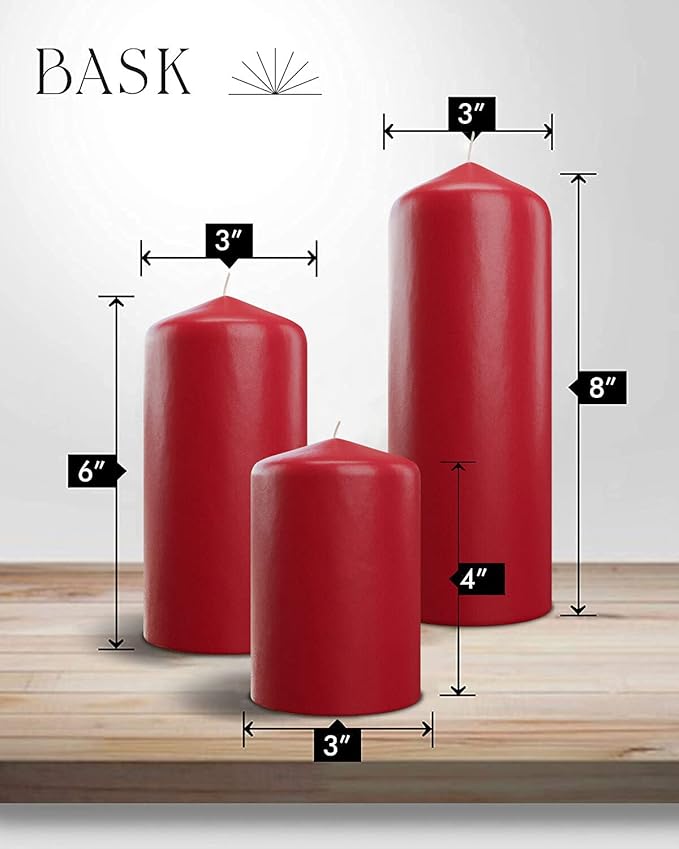Bask Cone Top Pillar Candles - Elegant Red Candles - Set of 3 Red Pillar Candles - 3"x4", 3"x6", and 3" x8 - Smokeless and Dripless Decorative Candles for Home Decor and Relaxation