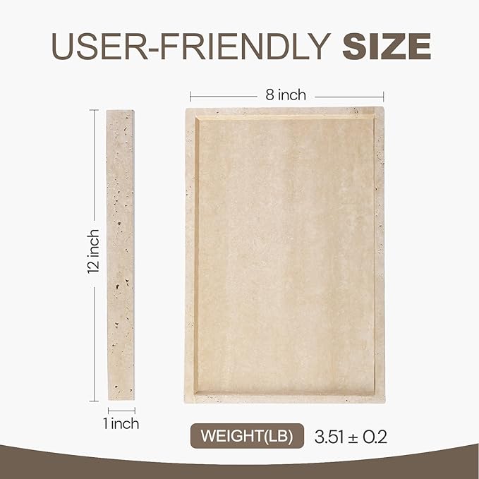Koville Roman Travertine Tray, 12x8 Coffee Table Vanity/Decorative Tray for Jewerly, Watch, Perfume Candle Storage for Bedroom/Bathroom/Kitchen Countertop