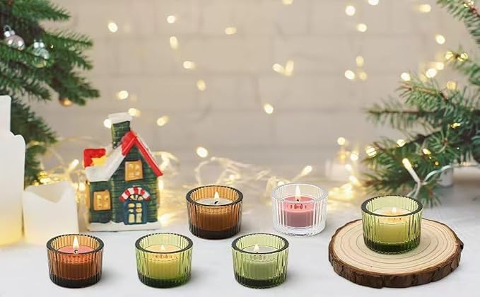 Votive Tea Light Candle Holders, Crystal Glass, 4x4 Inch, 24 Pack, Wedding Table Centerpieces, Party Decor (12 Amber+12 Green)