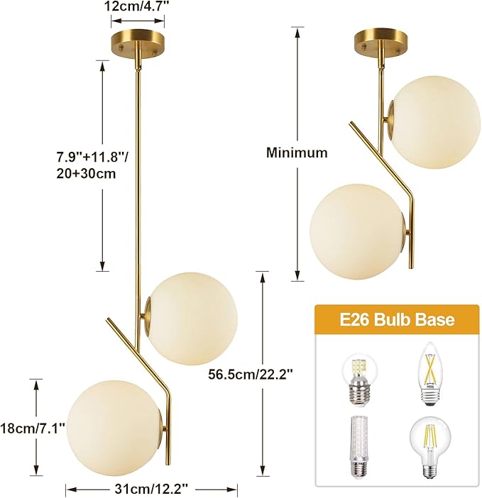 BOKT 2-Lights Large Glass Globe Pendant Light Fixture Modern Gold Pendant Lighting Mid Century Brushed Brass Pendant Light Kitchen Island White Glass Round Hanging Lighting (Large)