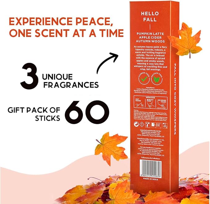 Folkulture Incense Stick Gift | Set of 3 Pumpkin Spice Organic Incense Sticks | Non-Toxic Xmas Decor for Indoor Decorations, Gift | Inscents-Sticks for Women