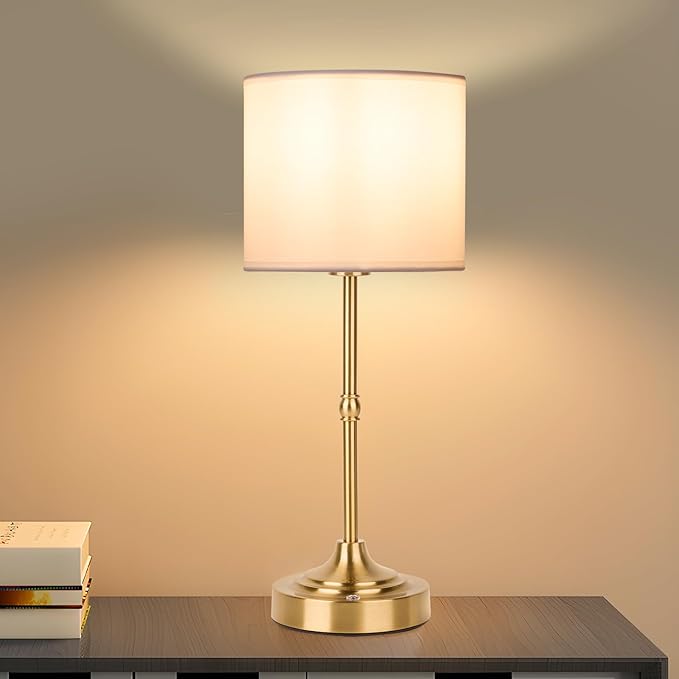 Cordless LED Table Lamp,Portables Fabric Shade Desk Lamps, Rechargeable Battery Powered Lighting, Dimmable Light for Dining Room, Bedroom, Bedside, Night Light, Balcony (Gold)