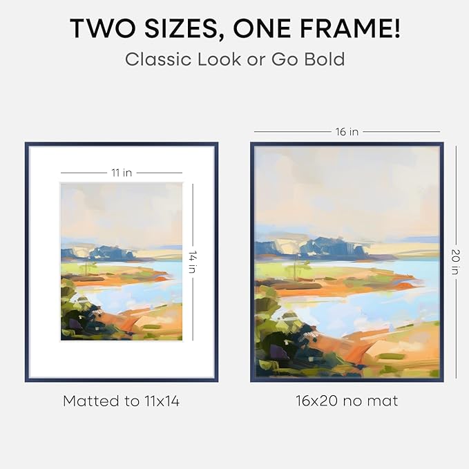 Homeforia 16x20 Navy Blue Picture Frame, High End Metal 16x20 Poster Frames with Mat 11x14 inch Photo, 16 x 20 Navy Blue Frame Matted to 11 by 14 Print, 20x16 Frame, Tempered Glass, Wall Kit, Set of 1