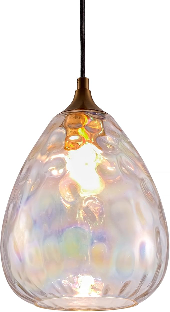 Gold Pendant Lighting with Stained Hammered Glass Shade, 1-Light Art Deco Hanging Lamp for Kitchen Island, Dining Room, Bedroom (Colorful Glass Shade)