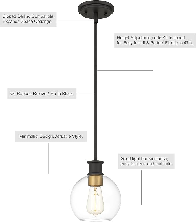 Black and Gold Pendant Light, Modern Globe Pendant Light, Island Pendant Lights with 6.5 inch Clear Globe Glass Shade for Kitchen Island, Hallway, Entryway, Dining Room, Bedroom