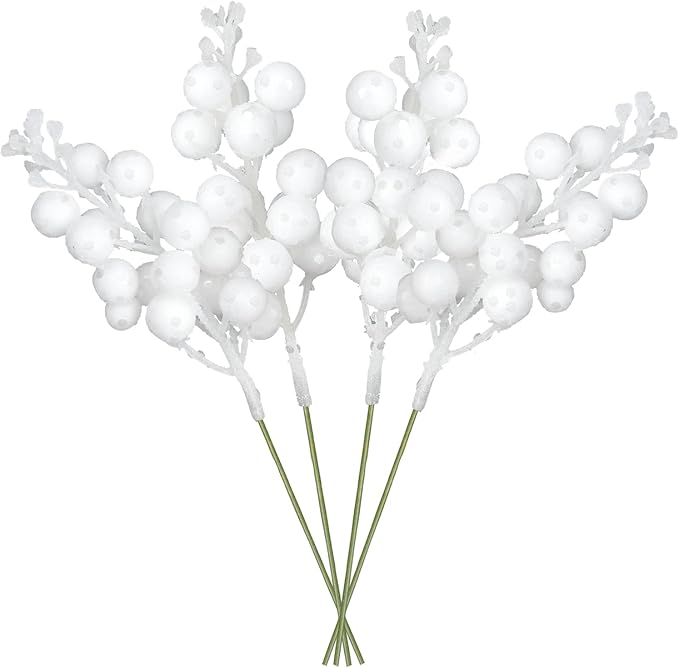 DearHouse 14 Pack Christmas Glitter Berries Stems, 7.8Inch Artificial Christmas Picks for Christmas Tree Ornaments, DIY Xmas Wreath, Crafts, Holiday and Home Decor (White)