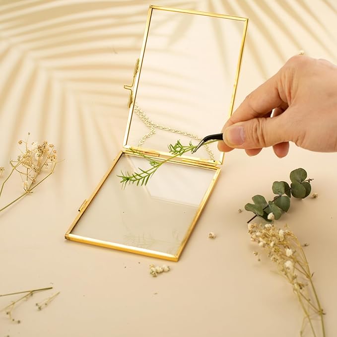 FOCHIER F 4x6in Pressed Flower Frame with Tweezers, Wall Hanging Tabletop Display Double Glass Frame with Metal Chain for Dried Flowers Plants, Horizontal and Vertical Picture Frame, Gold,FRAME ONLY