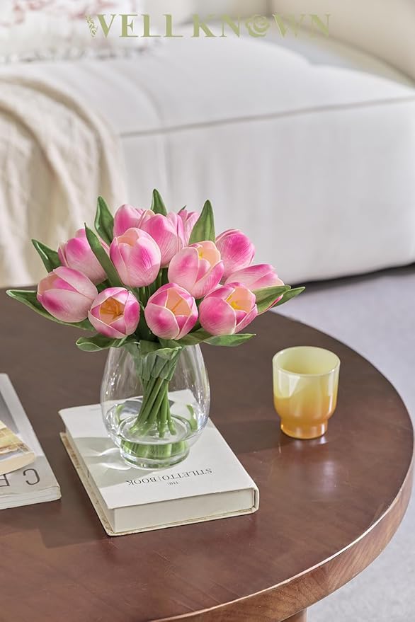 WELL KNOWN 12 Pcs Fake Tulips Artificial Pink Flowers in Vase with Faux Water, Real Touch Foam Tulips Arrangements with Vase for Home Office Decor, Dining Table Wedding Centerpiece Gift (Fuchsia)