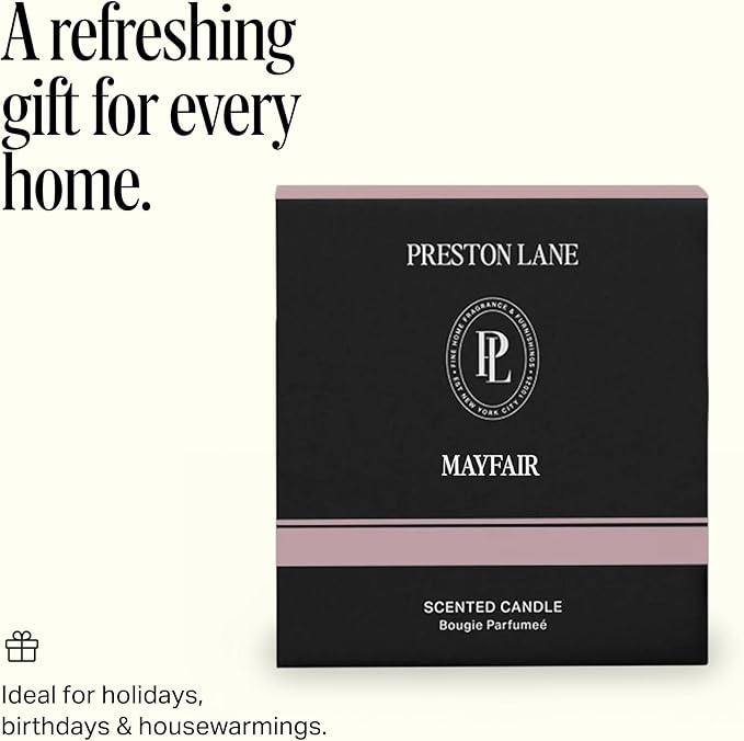 Preston Lane Luxury 3-Wick Scented Candle, Mayfair, 24 oz Hand-Poured in USA | Long Burn Time (40–50 Hrs), Vegan Soy Wax Blend, Decorative Ceramic Vessel, Fine Italian Fragrance