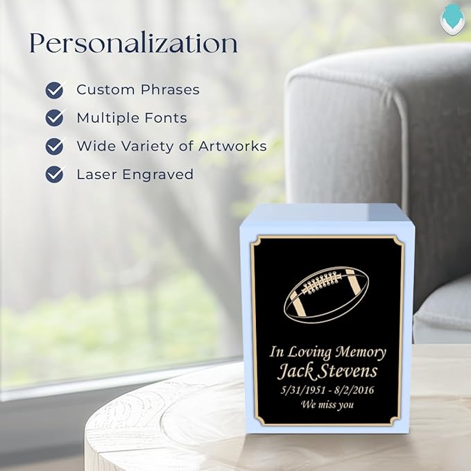 GetUrns Custom Football Small Urn Box for Human Ashes I Personalized Wooden Keepsake Cremation Urn for Male or Female I Light Blue Memorial Box I 40lbs
