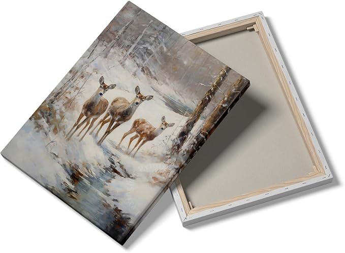 Christmas Tree Deer Decor,Snowy Forest Wall Art,Deer Painting,Deer in Snow Poster,Christmas Wall Art,Rustic Vintage Christmas Decor,Nature Wall Art,Winter Seasonal Decor24x36inch Framed Art