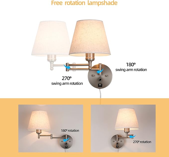 Swing Arm Wall Lamp Wall Mount Lamp with Cord Plug in Wall Sconce Lighting with Dimmable On Off Switch Wall Light with USB Port Plug in Wall Lamp for Bedroom Reading Satin Nickel Finish