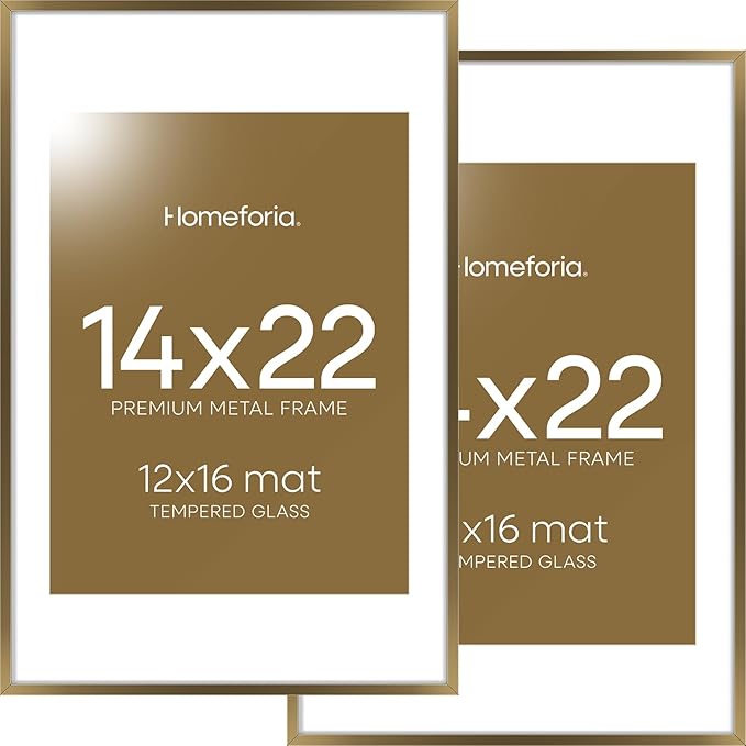 Homeforia 14x22 Picture Frame Bronze, High End Metal 14x22 Brass Poster Frames with Mat 12x16 for Photo, 14 x 22 Frame Matted to 12 by 16 Print, 22x14 Hanging Frame, Tempered Glass, Wall Kit, Set of 2