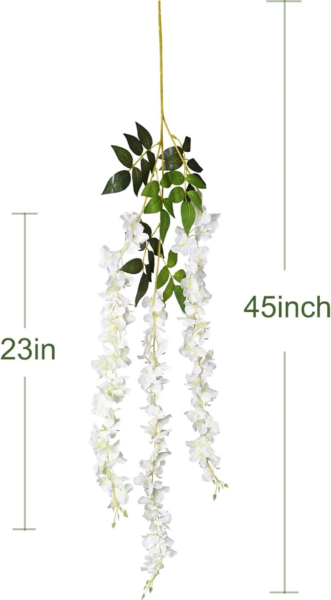 DearHouse 6 Pack Artificial Fake Wisteria Vine Ratta Hanging Garland, 3.75 Feet/Piece Silk Flowers String Home Party Wedding Decor (6PCS-Large White Wisteria)