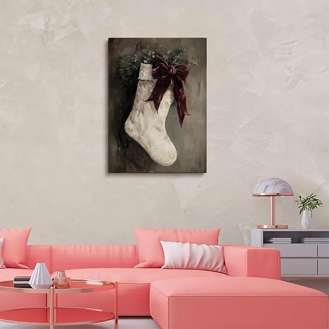 Vintage Victorian Stocking Poster, Rustic Winter Wall Art, Burgundy Holiday Decor, Festive Christmas Home Fireplace Art, 16x24 Inch Unframed