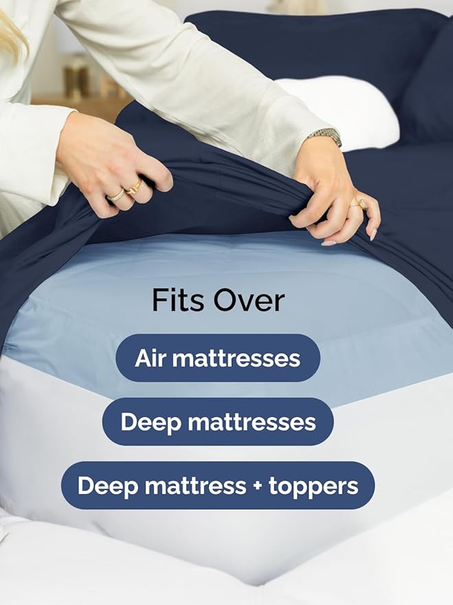 Extra Deep Split King Sheet Set - 7 Piece Breathable and Cooling Sheets - Hotel Luxury Bed Sheets Set - Easy Fit - Soft, Wrinkle Free and Comfy Sheets Set - Navy Blue Sheet Set with Extra Deep Pockets