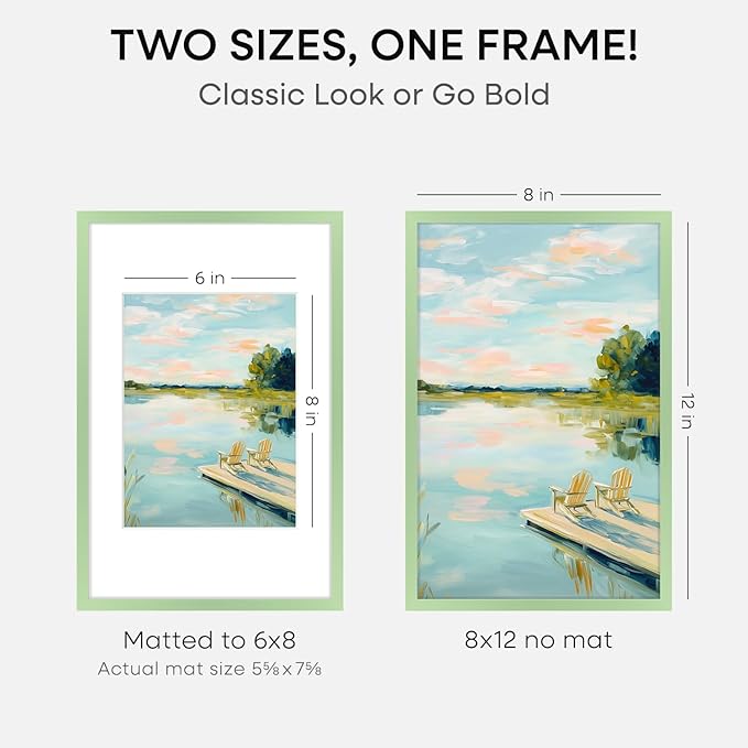 Homeforia 8x12 Picture Frame Sage Green, High End Metal 8 x 12 Poster Frames with Mat 6 by 8 Photo, 12x8 Frame Matted to 6x8 inch Art, 8by12 Wall or Tabletop Frames, Tempered Glass, Wall Kit, Set of 2