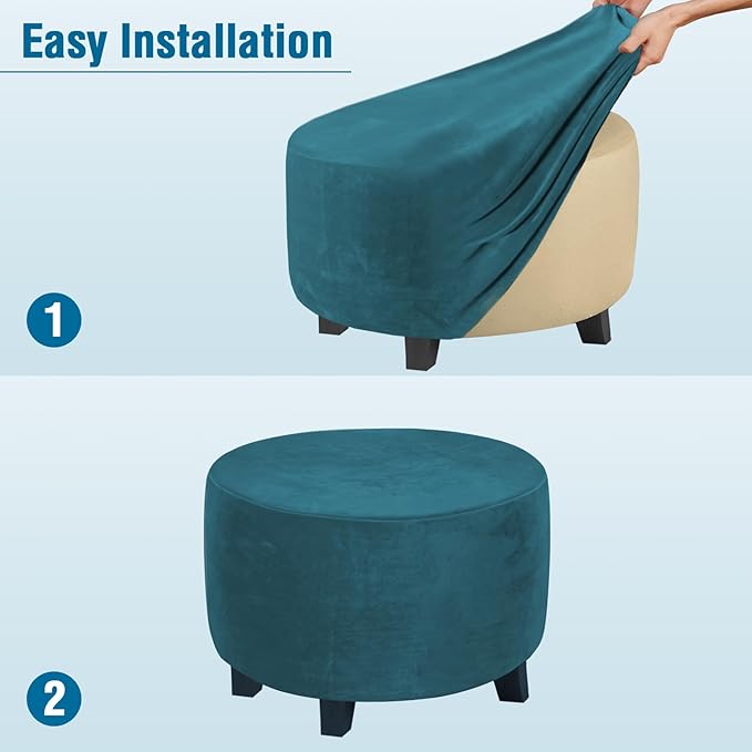 H.VERSAILTEX Round Ottoman Slipcover Ottoman Covers Slipcover Footstool Protector Covers Storage Stool Ottoman Covers Stretch with Elastic Bottom, Feature Real Velvet Plush Fabric (Medium, Deep Teal)