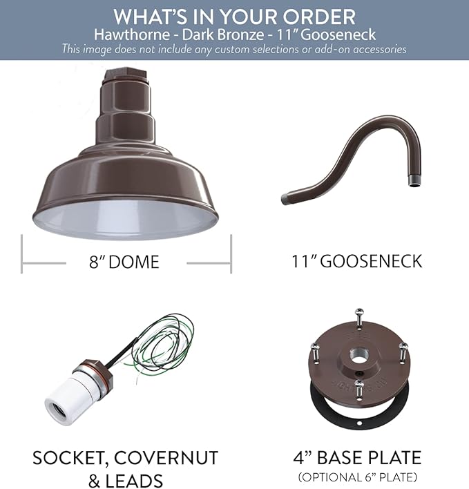 Steel Lighting Co. Hawthorne Barn Light | Outdoor Wall Mounted | 8 inch Dome | 11 inch Gooseneck| Small Farmhouse Light Made in America | Dark Bronze Exterior/White Interior