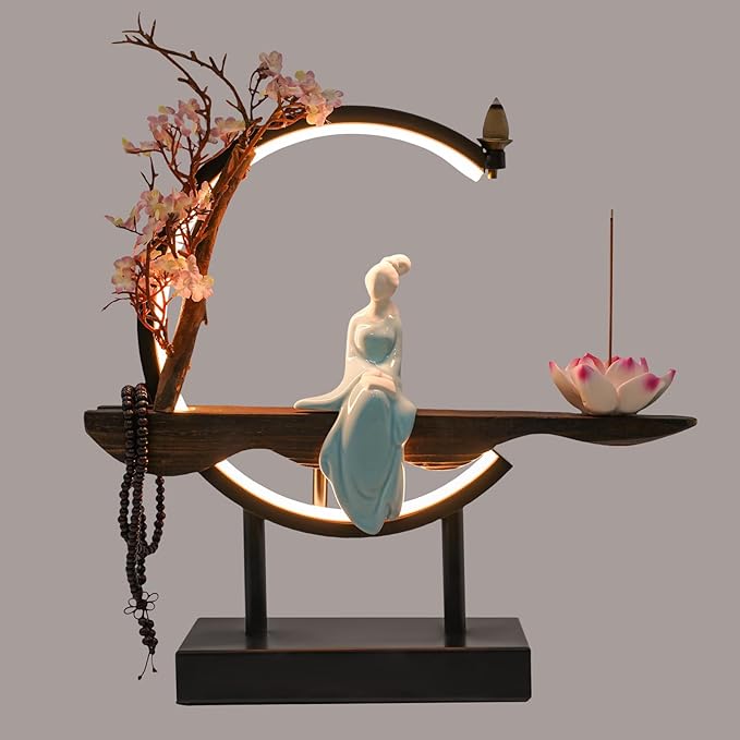 Backflow Incense Burner, Chinese Style Peach Blossom Incense Holder with LED Light, Ceramic Incense Cone Burner Home Decor for Office/Living Room