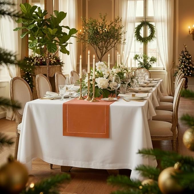 D'Moksha Homes Linen Rust Table Runner 90 Inches Long - Classic Hemstitch 100% Pure Linen Dining Table Runner 14 x 90 Inch for Spring, Easter