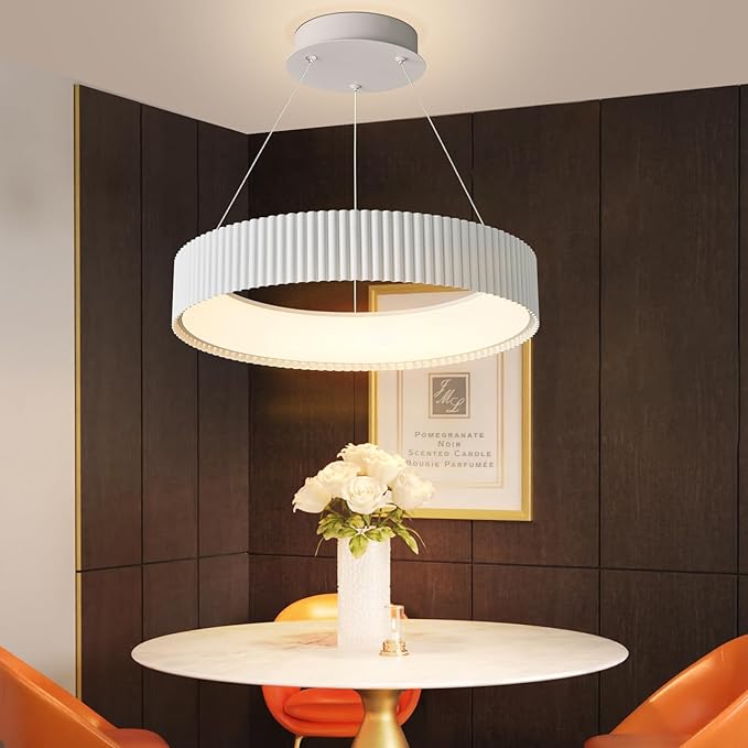 Modern LED Chandelier-18.5" White Dimmable Circular LED Pendant Light 1 Ring with Remote, Round Hanging Light for Kitchen Island, Dining Room, Living Room, Foyer, Entryway