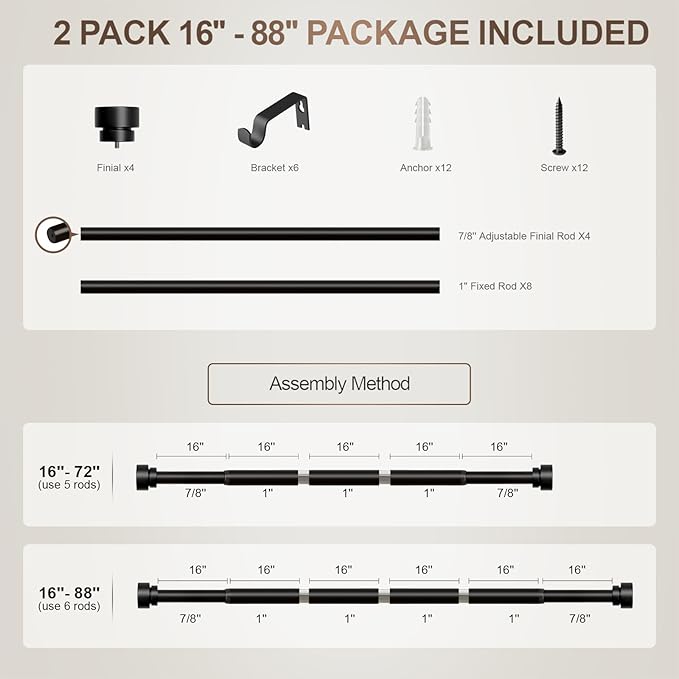 Modern Black Curtain Rods Set, 48-84 Inches Adjustable, Heavy Duty 1 Inch Diameter, Decorative Finials, 2 Pack, for Windows, Outdoor, Farmhouse, Bedroom, Kitchen, Living Room