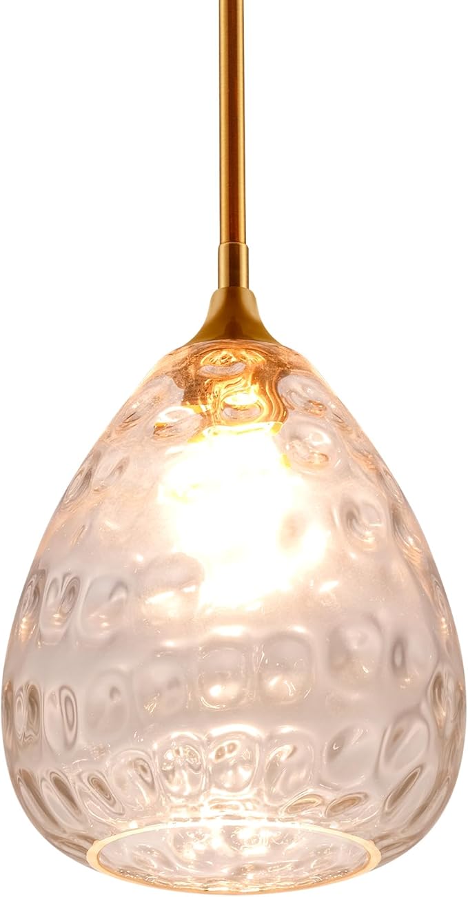 Transparent Clear Hammered Glass Pendant Light with Brass Gold Accent, Adjustable Hanging Lamp for Kitchen, Dining Room, and Living Room