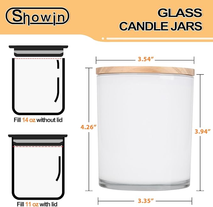 SHOWIN Thick Candle Jars for Making Candles 12 Pcs, 14 OZ Empty Jars with Wood Lids for Candle Making, Sample Container, Inner White