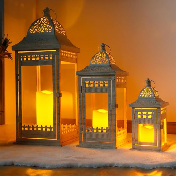JHY DESIGN Set of 3 Decorative Candle Lanterns 20"&14.5"&9.5" High Vintage Style Hanging Lantern, Metal Candleholder for Indoor Outdoor, Events, Parties and Weddings（Beige with Gold Brush）
