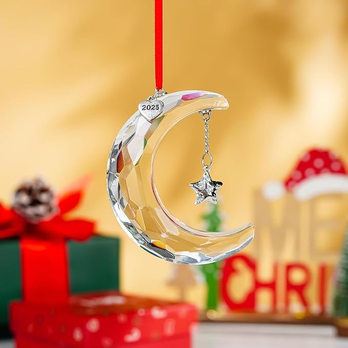 H&D HYALINE & DORA 2025 Christmas Moon Ornament Crystal Christmas Moon Hanging Ornament Clear Crystal Suncatcher Ornament for Xmas Winter Party Home Decor