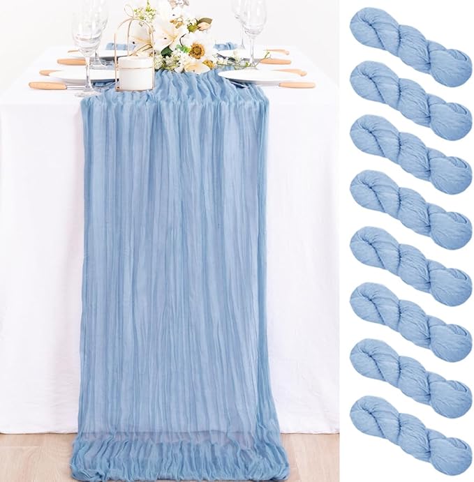 MLMC 8 Pack Dusty Blue Table Runner 10ft Boho Gauze Cheesecloth Table Runner 35x120 Inches Rustic Cheese Cloth Centerpiece for Wedding Bridal Shower Baby Shower Party Decor