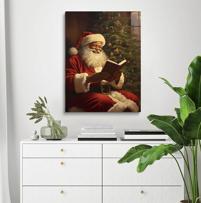 Christmas African American Santa Poster,Christmas Oil Painting Black Santa Reading Print,Vintage Black Santa Print,Christmas Reading Room Library Study Room Decor24x36inch Framed Art