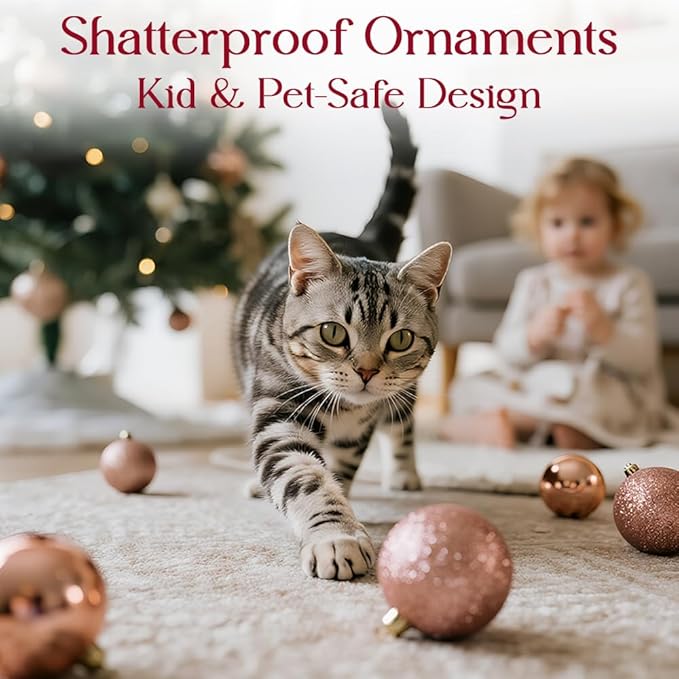 50ct Pink and Gold Christmas Ornaments Set, 2025 Shatterproof Christmas Tree Decorations, Rose Gold Christmas Ball Ornament, Vintage Classic Christmas Ornament Bulk for Christmas Decorations Indoor