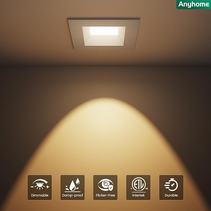 4 Inch Led Recessed Lights Square,Led Downlight Square White,with Baffle Anti-Glare,5CCT 2700K-5000K Dimmable,9W 800LM,ETL & ES(12 Pack)