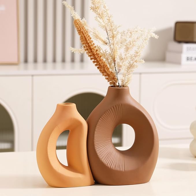 Ceramic Vase Set of 2 - Handcrafted Ceramic Vases for Home Decor & Shelf - Modern Farmhouse Decor for Kitchen, Office, Bedroom & Living Room Decorative Objects for Mantel, Table Centerpieces