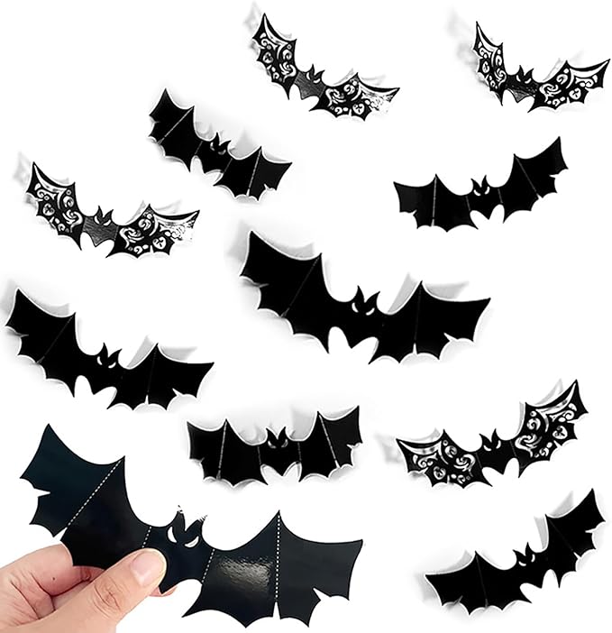 72Pcs Large Hollow Bats Wall Stickers Decals - Oversized Black Bats Decor for Kitchen, Bedroom, Fireplace, Ceiling, Indoor/Outdoor Halloween Party Favor Supplies