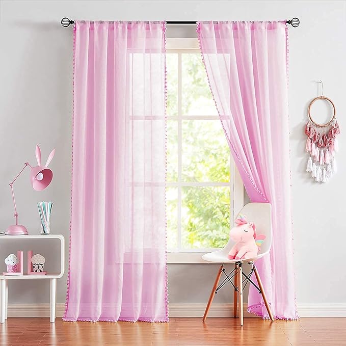 Treatmentex Pom-Pom Sheer Curtains for Bedroom 84 inches Linen Textured Look Pink Sheer Window Draperies for Girl's Room, 52" w x 2 Panels, Red, Rod Pocket