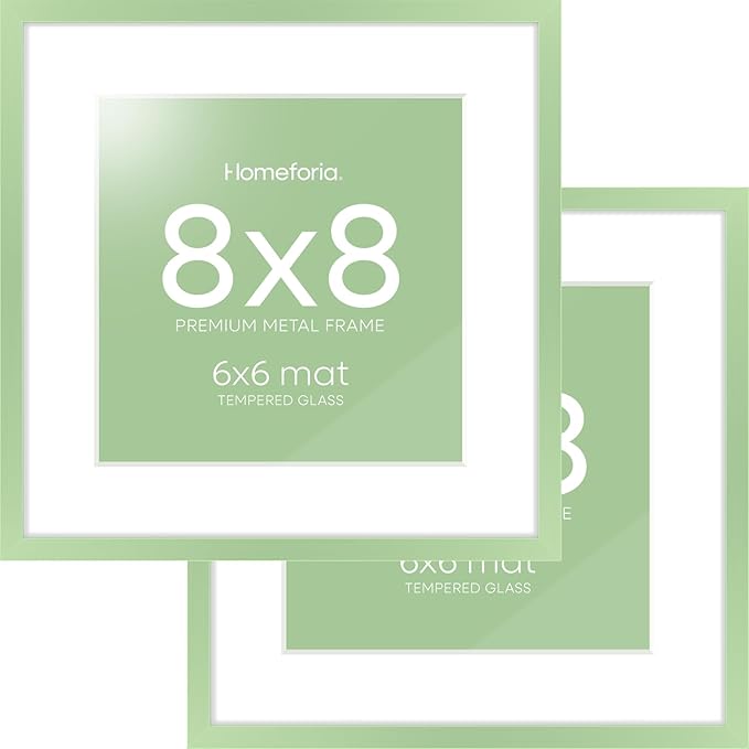 Homeforia 8x8 Sage Green Frame, High End Metal 8 x 8 Square Picture Frames with Mat 6 by 6 Photo, 8x8 Display Frame Matted to 6x6 Print, 8by8 Wall or Tabletop Frames, Tempered Glass, Wall Kit, Set of 2