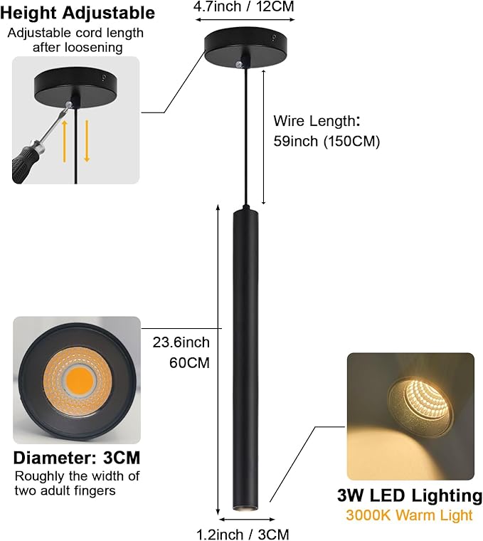 2 Pack Black Pendant Lights, Modern 3W LED Pendant Light Fixtures for Kitchen Island, Long Tube Hanging Light Cord Adjustable for Dining Table Bedroom Bar Hallway (23.6 Inch, 3000K)