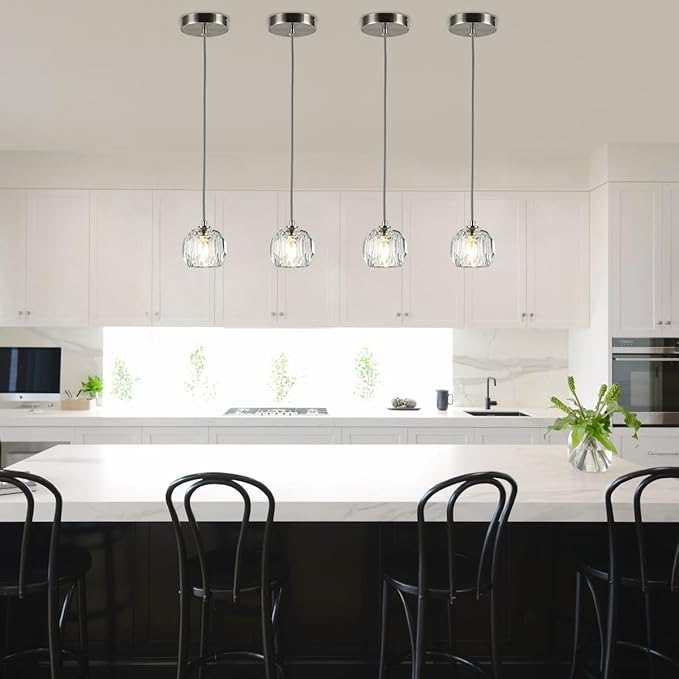 Modern Crystal Pendant Light, Brushed Nickel Single Pendant Light Fixture, Small Crystal Kitchen Island Hanging Lighting for Dining Room Bathroom