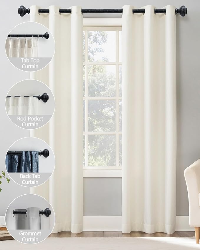 Black Curtain Rods for Windows 66 to 120 Inch,1'' Diameter Heavy Duty Curtain Rod Adjustable Decorative Boho Drapery Rods for Farmhouse Rustic Living Room Bedroom
