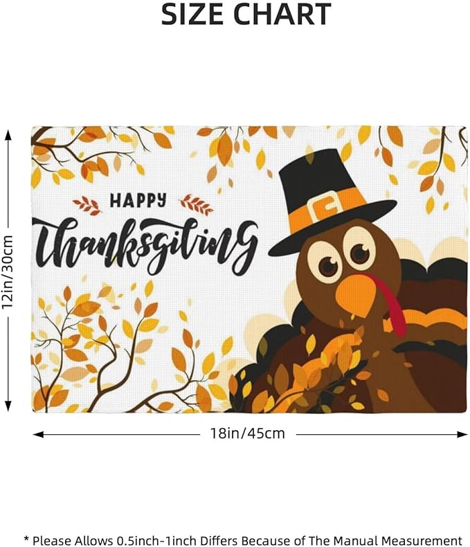 Thanksgiving Turkey Placemats, Cartoon Turkey Autumn Branch Yellow Leaves Fall Harvest Kitchen Dining Table Decoration for Indoor Outdoor Farmhouse Home Party Decor, 4PCS